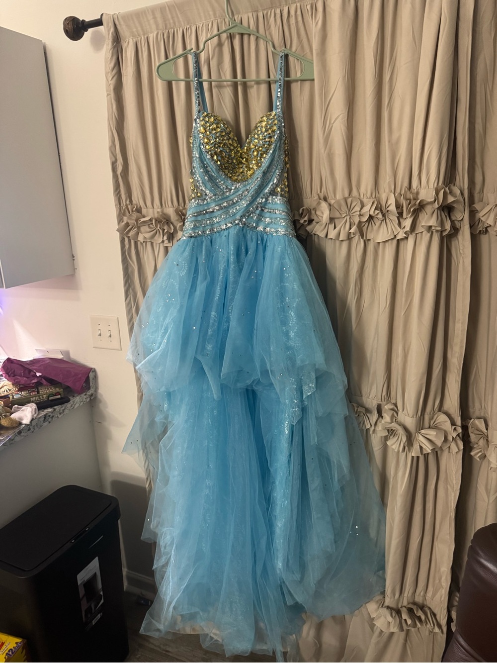 Sherri Hill Light Blue and Gold Beaded High-Low Prom Dress - Picture 12 of 12